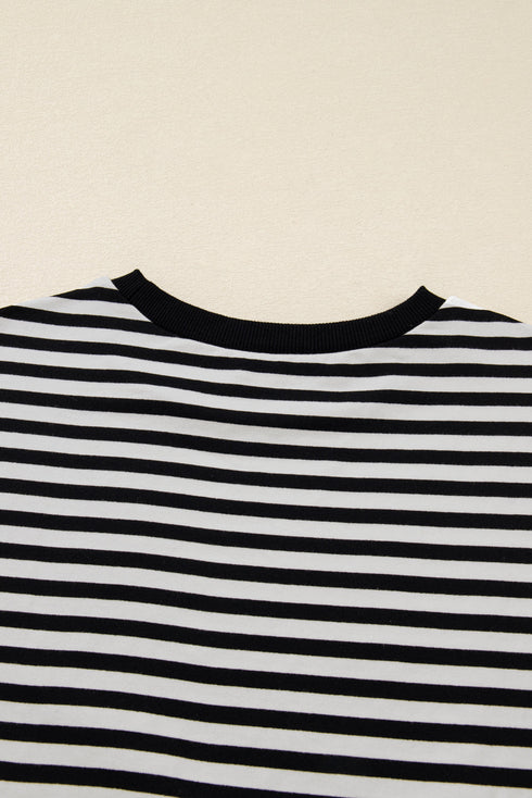 Striped Drop Shoulder Lace Trim Bracelet Sleeve Loose Top